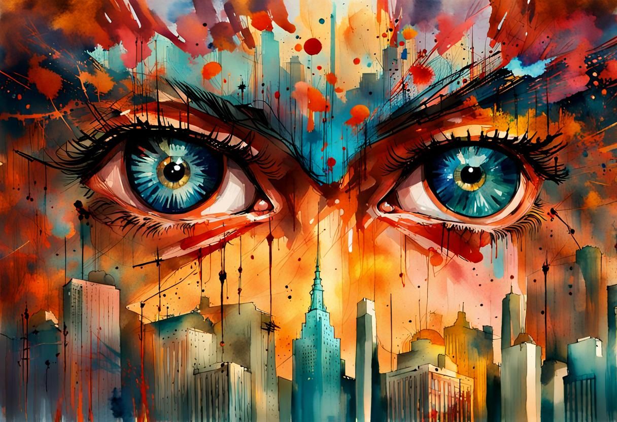 Mask of Eyes Over City, Watercolor Style