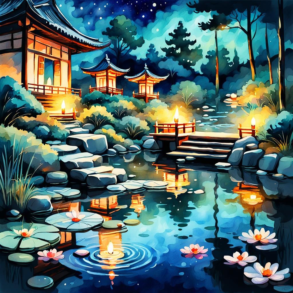 Zen Garden at Night in Digital Watercolor Style