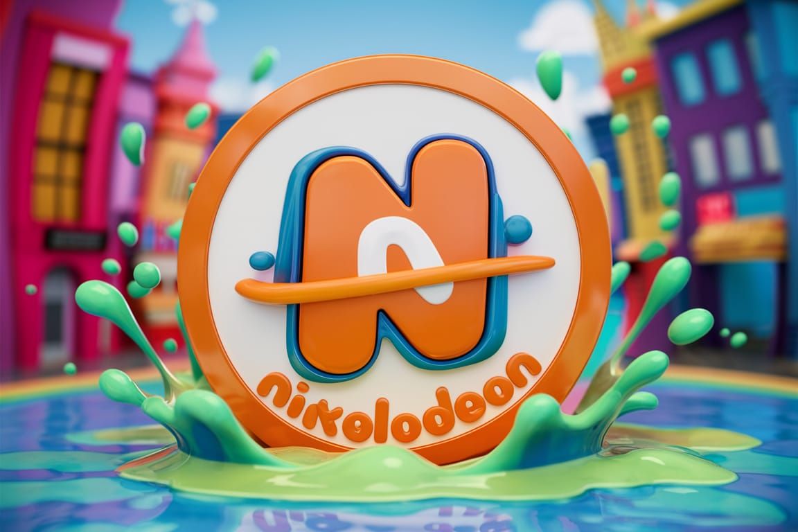 Playful Nickelodeon Logo with Orange Swirl and Cityscape