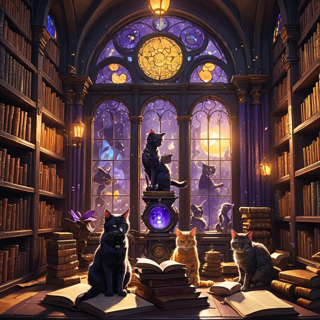 Cats in a Fantasy Library, Hyperdetailed Concept Art