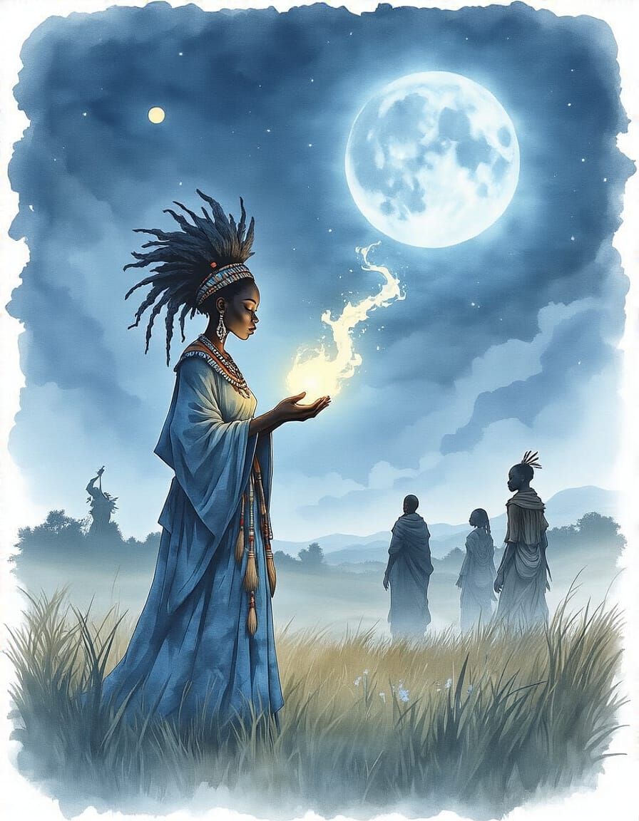 Afrofuturistic Spellcaster in Melancholic Blue Hour