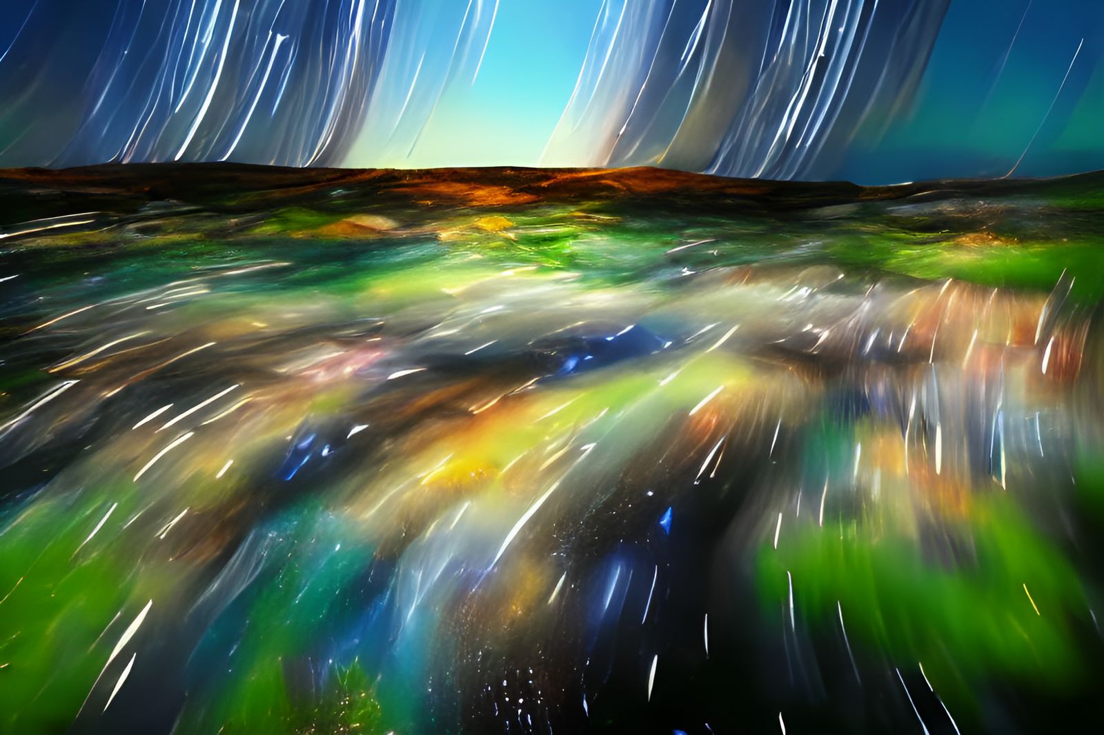 Star Trails over Surreal Landscape in Impasto Style