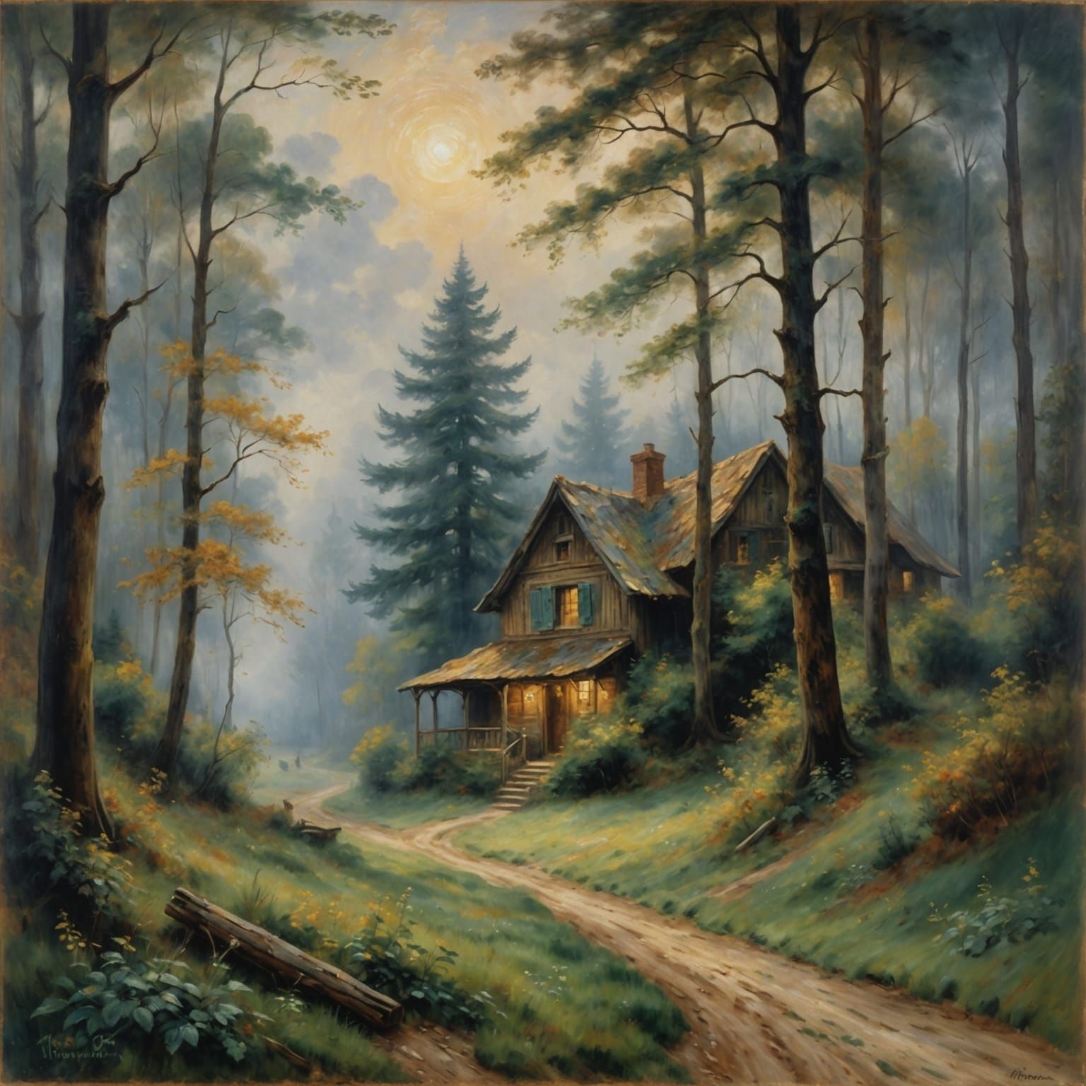 Impressionist Foggy Forest with Cottage and Figure