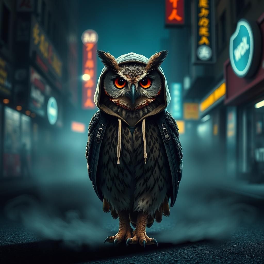 Hooded Owl Walks City Street at Night