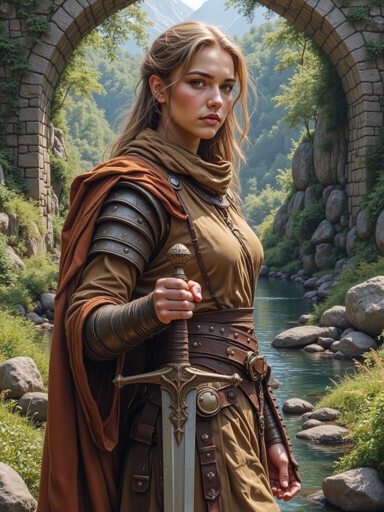 Warrior by Ancient River in Sunset Light