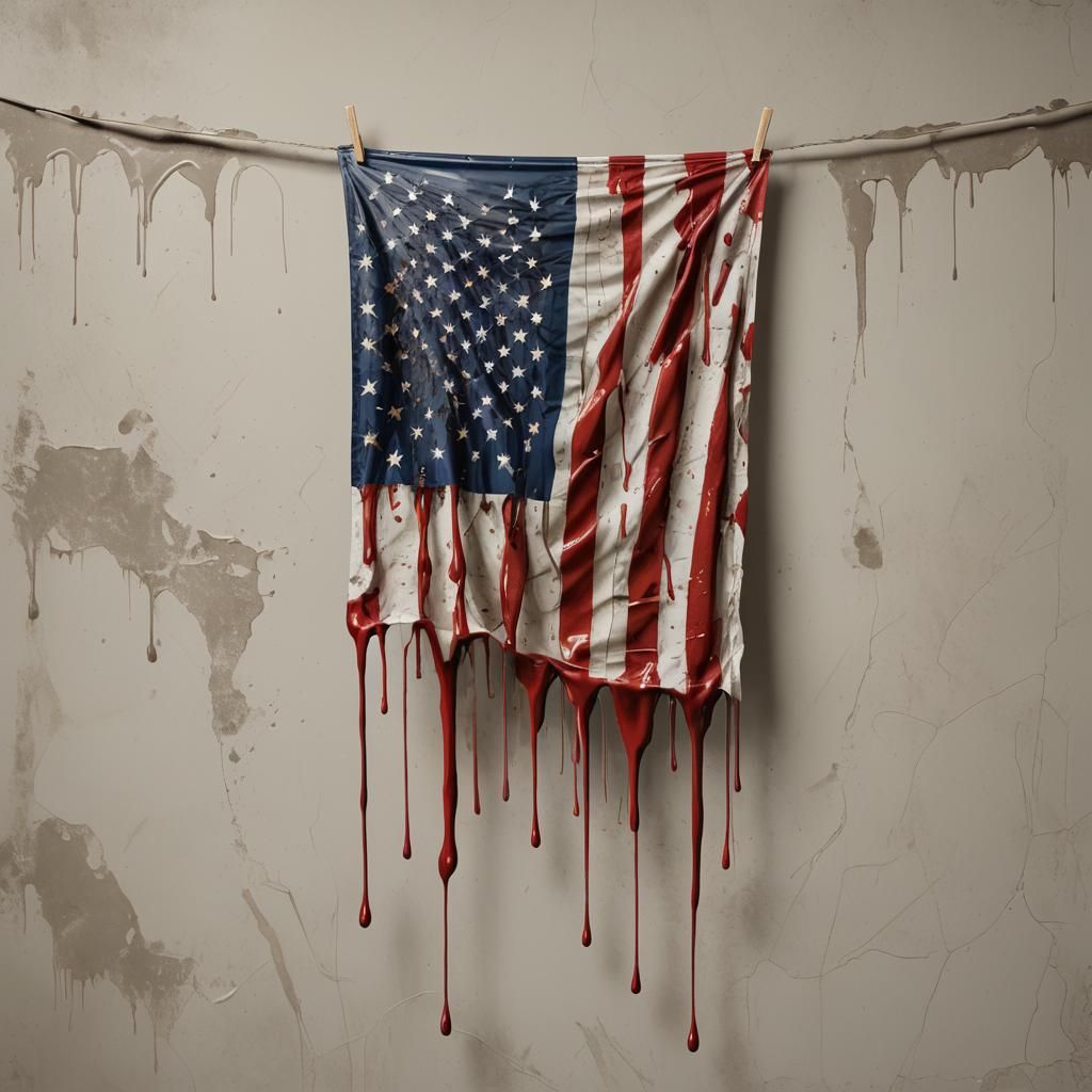 A hyperrealistic image of a hanging tattered American flag dripping red ink against a neutral background. The flag is de...