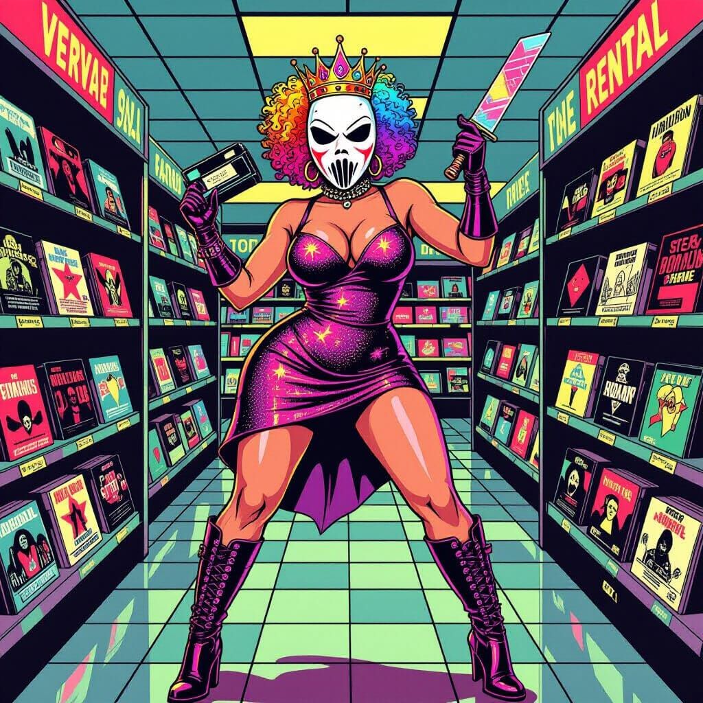 Ghostface Glamour: Horror Icon in Retro Video Store