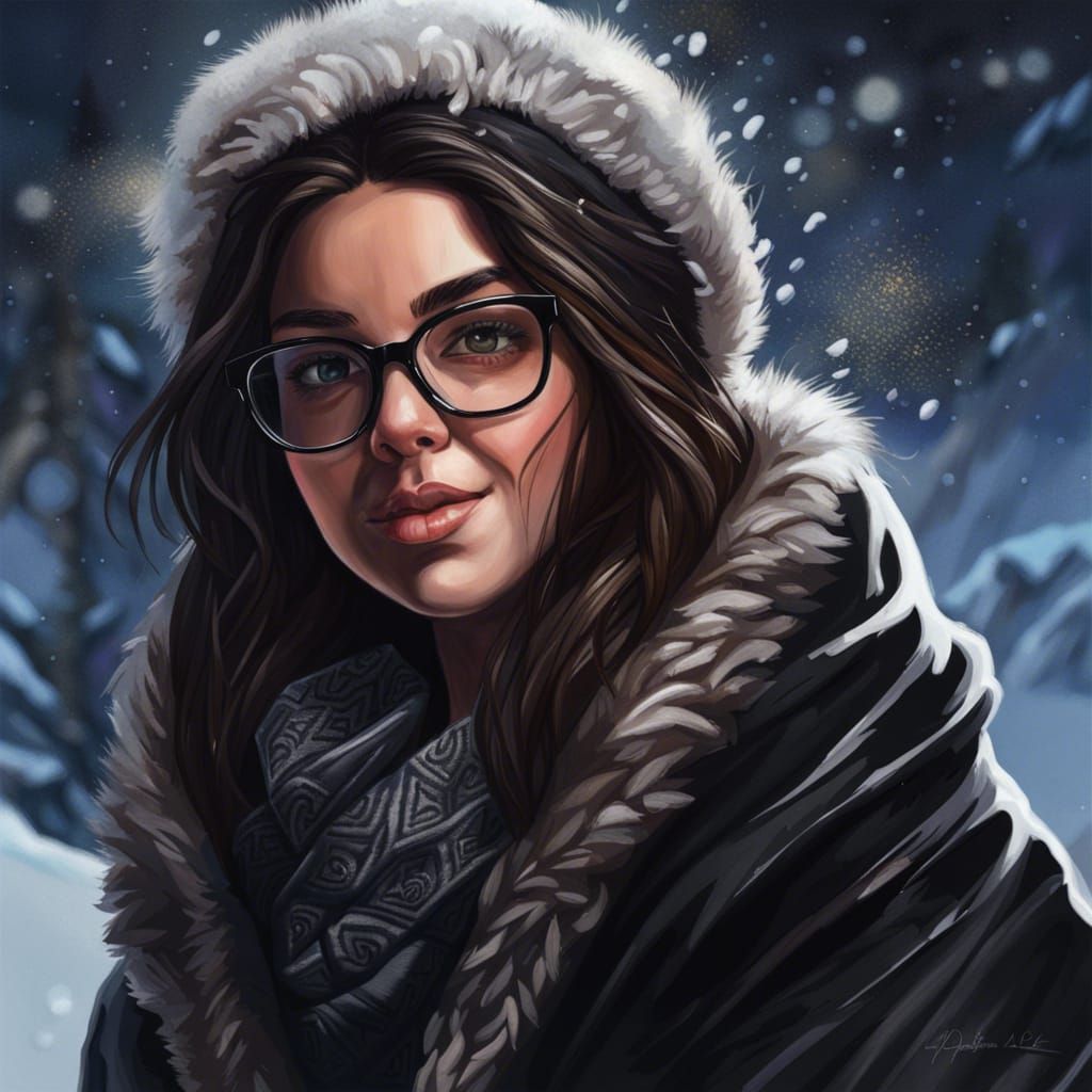 Brunette Girl's Mountain Selfie in Hyperrealistic Style