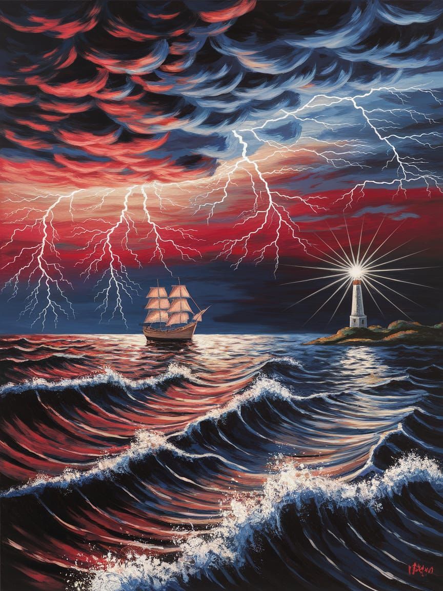 Dramatic Lighthouse Guiding Ship Through Fiery Storm