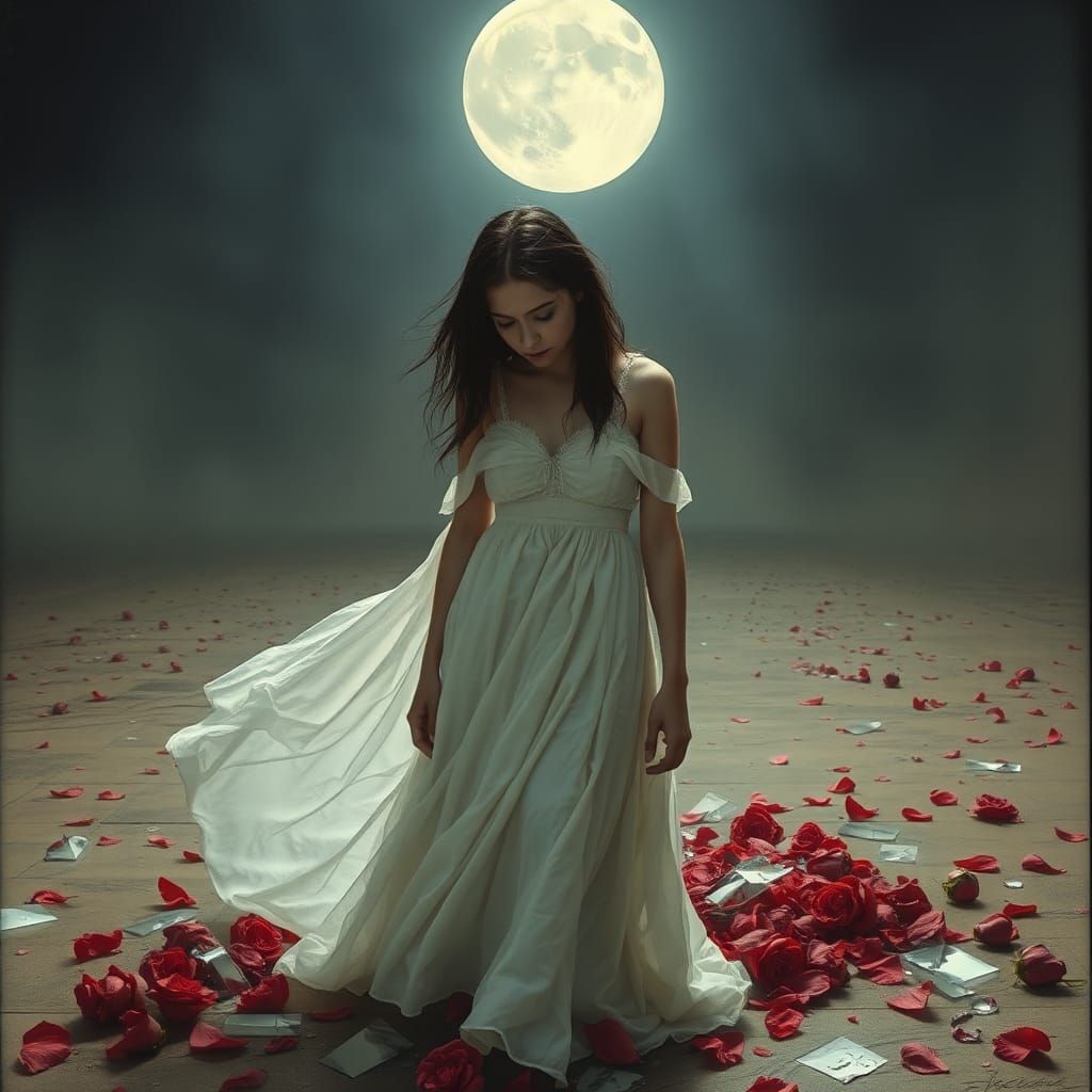 Sorrowful Woman in Shattered Landscape: Surreal Romanticism