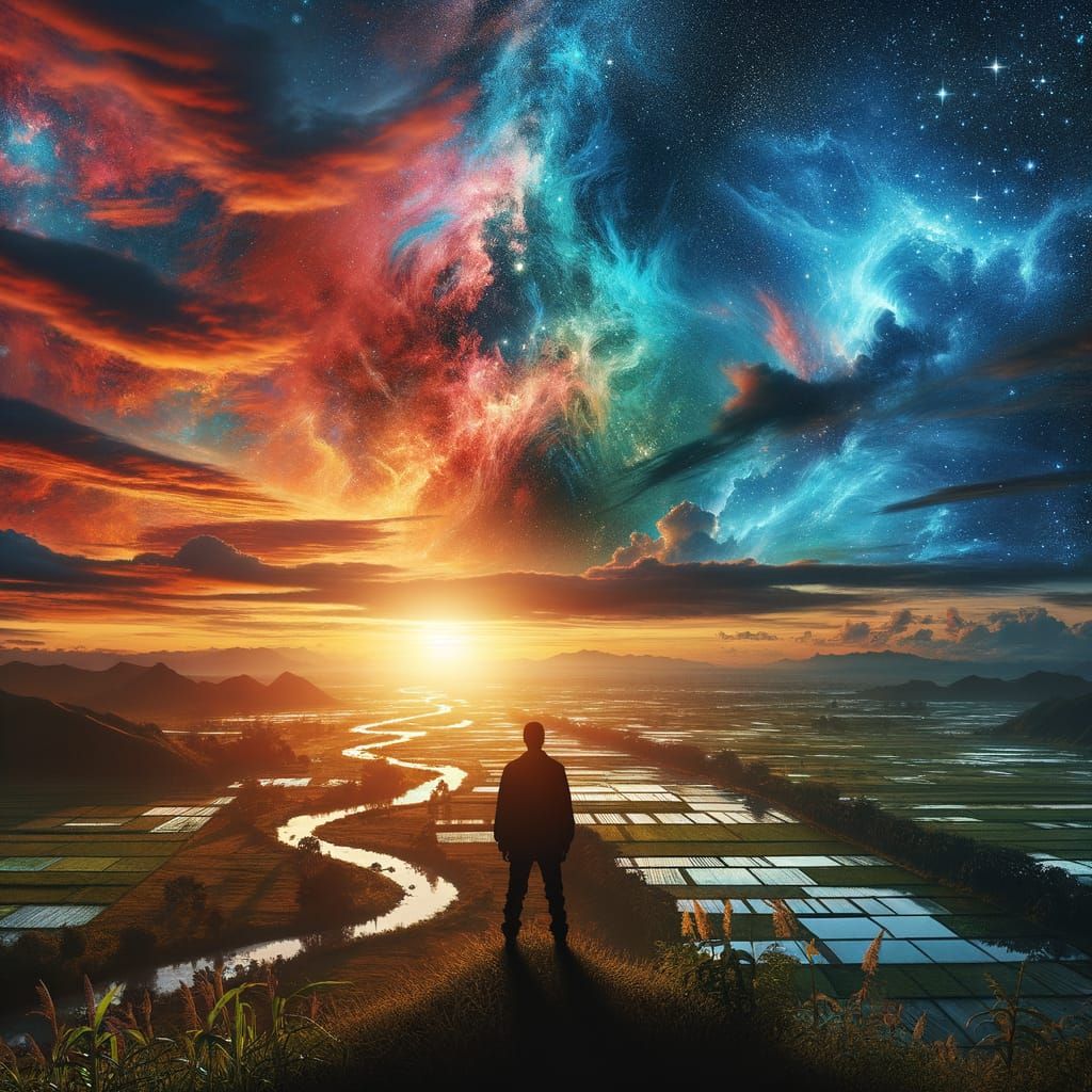 Silhouette Between Sunset and Stars Over Farmland