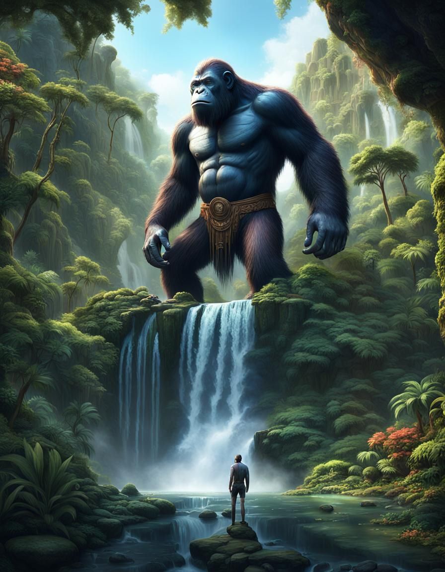 Ape-Man Statue by Waterfall: Fantasy Concept Art