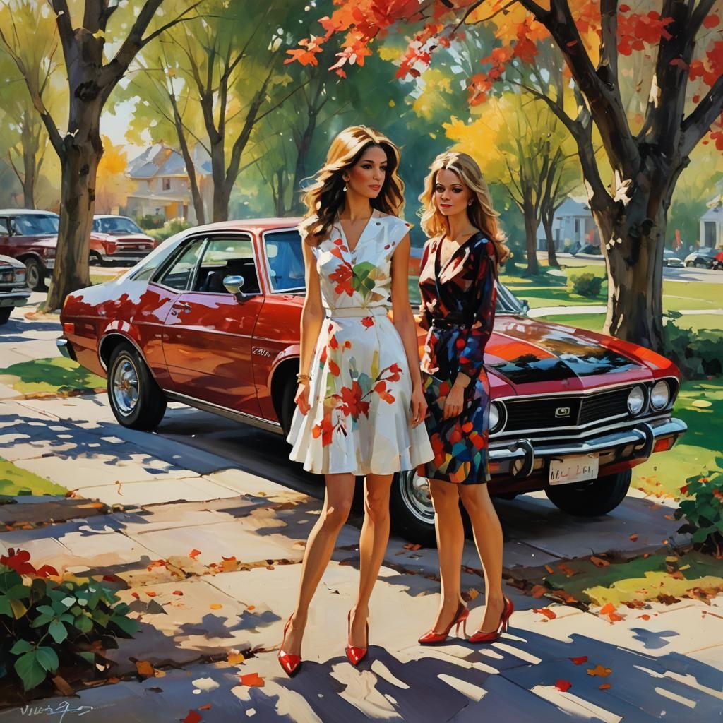 Ladies by Red Ford Pinto: Impressionistic Oil Painting