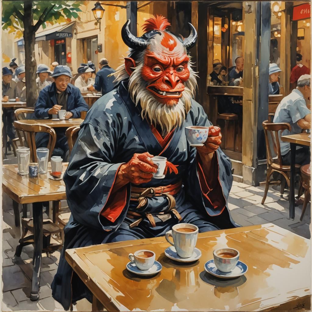 Tengu in a Whimsical French Café Scene, Inspired by Impressi...