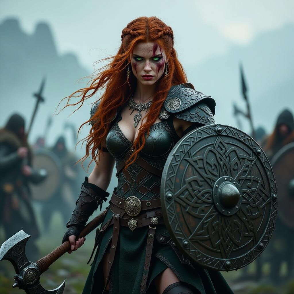 Fierce Celtic Shieldmaiden on Misty Battlefield in Dark Fant...