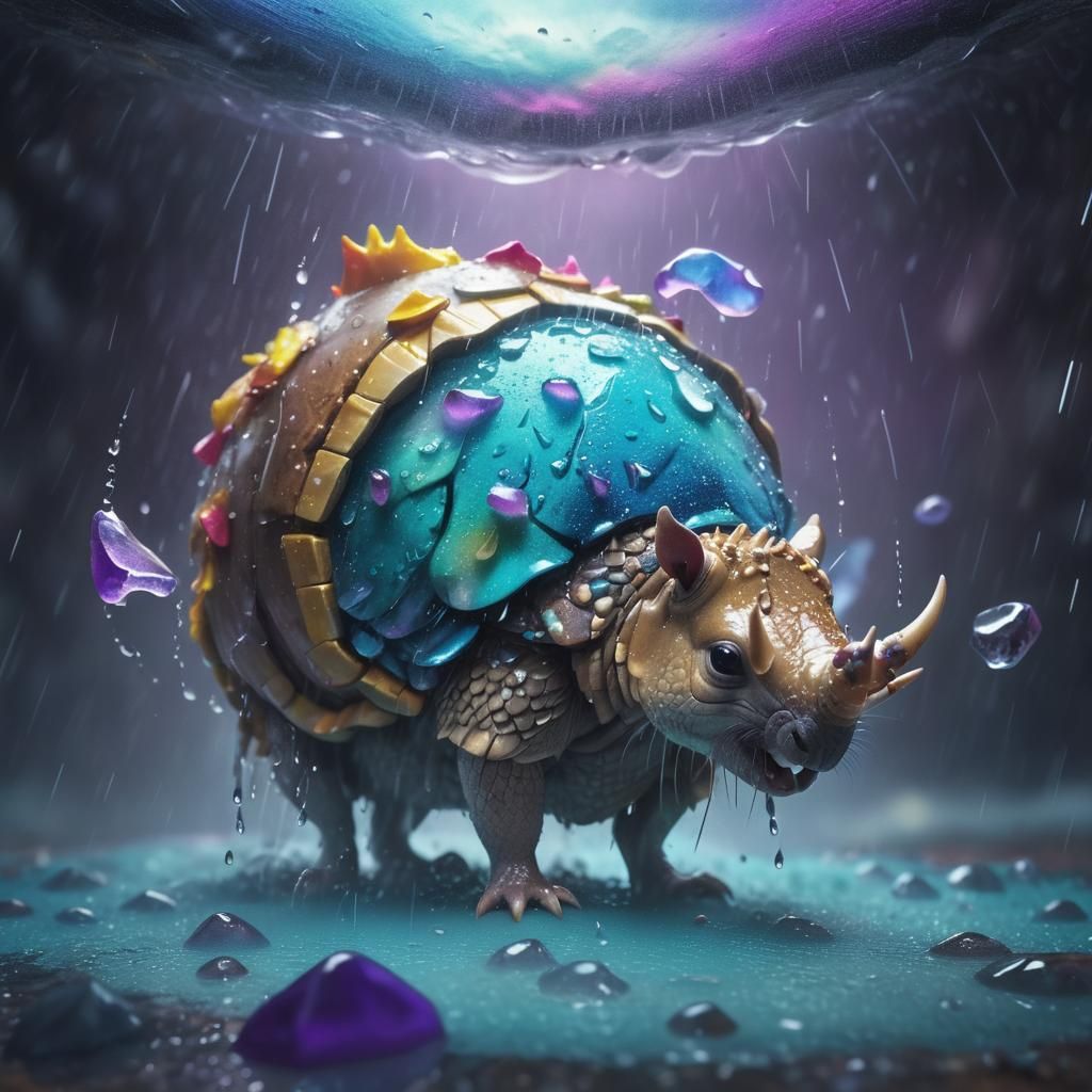 Hyper-Realistic Sabertooth Armadillo Geode Iris in Rainstorm