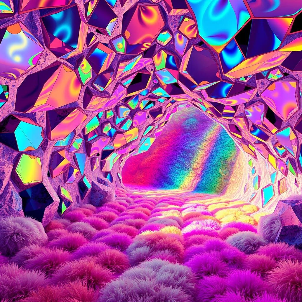 Whimsical Cave of Rainbow Crystals and Psychedelic Art