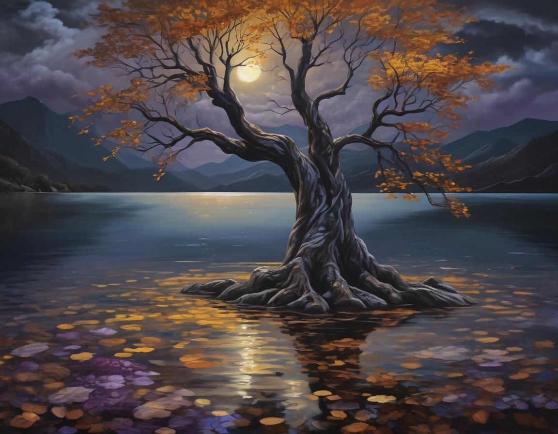 Surreal Oil Painting: Tree with Colorful Leaves