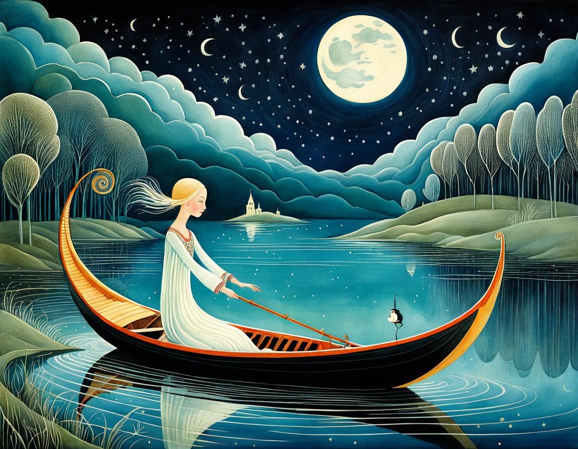 Whimsical Moon River Illustration in Storybook Style