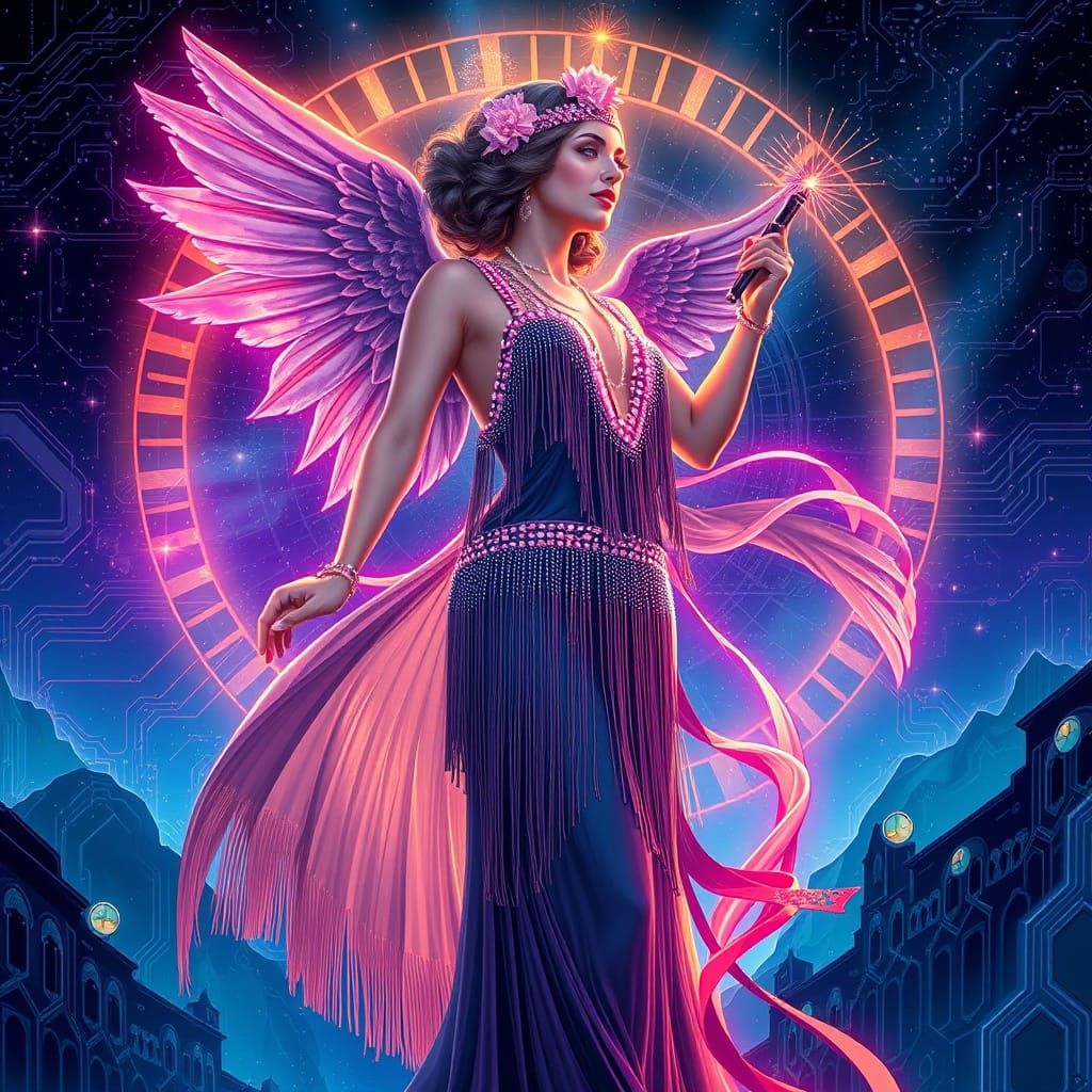 Celestial Flapper Radiating Stardust, in Art Deco Style