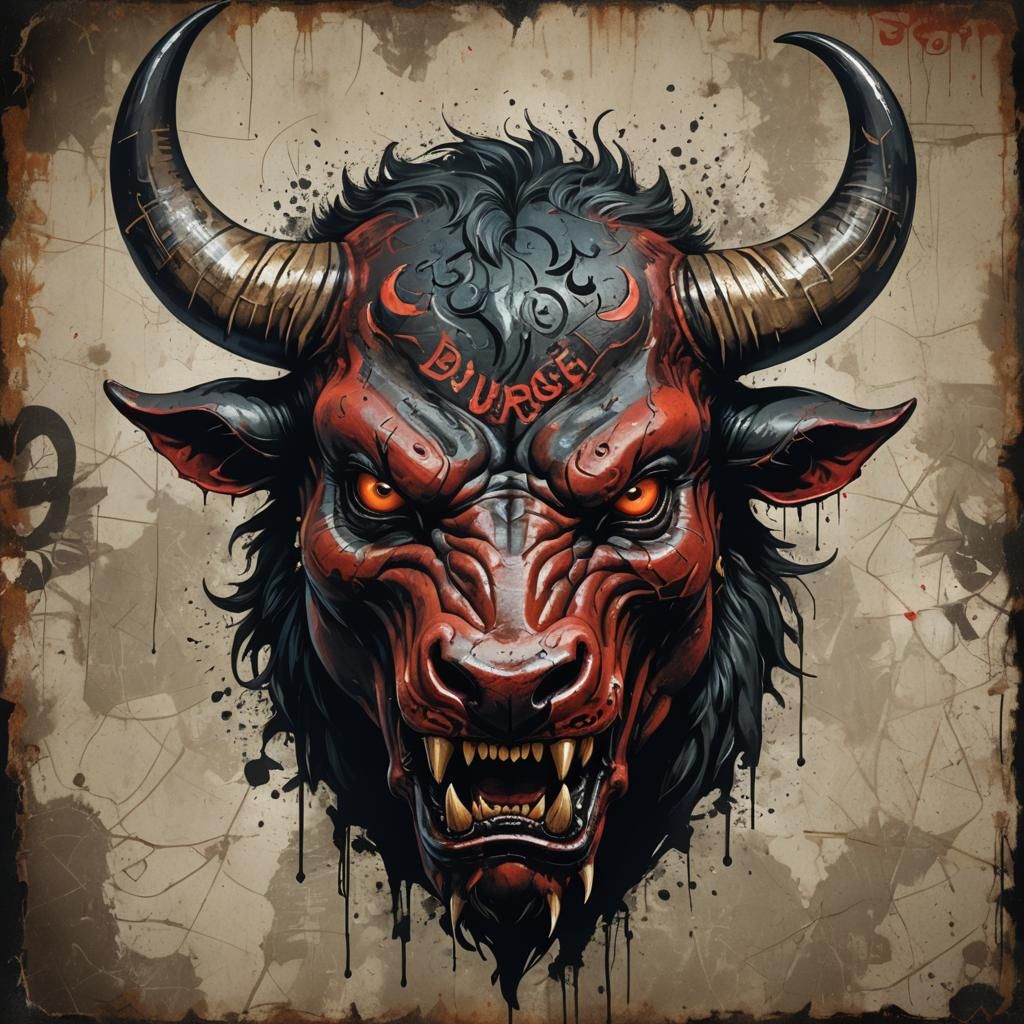 Devil Bull Portrait with Graffiti Text in Digital Art