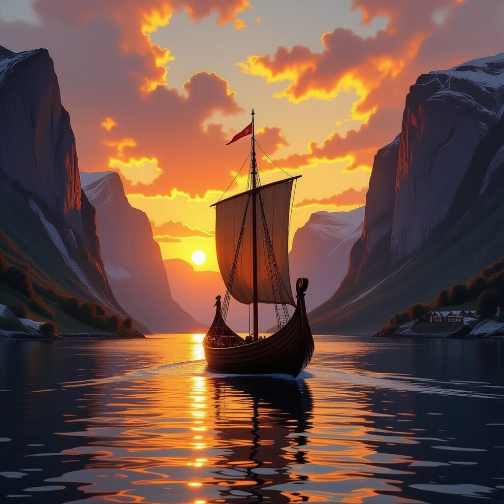 Viking Longship in Fjord at Sunset: Historical Realism