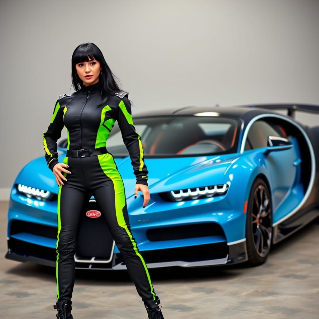 Woman in Racing Suit Posing with Blue Bugatti Chiron