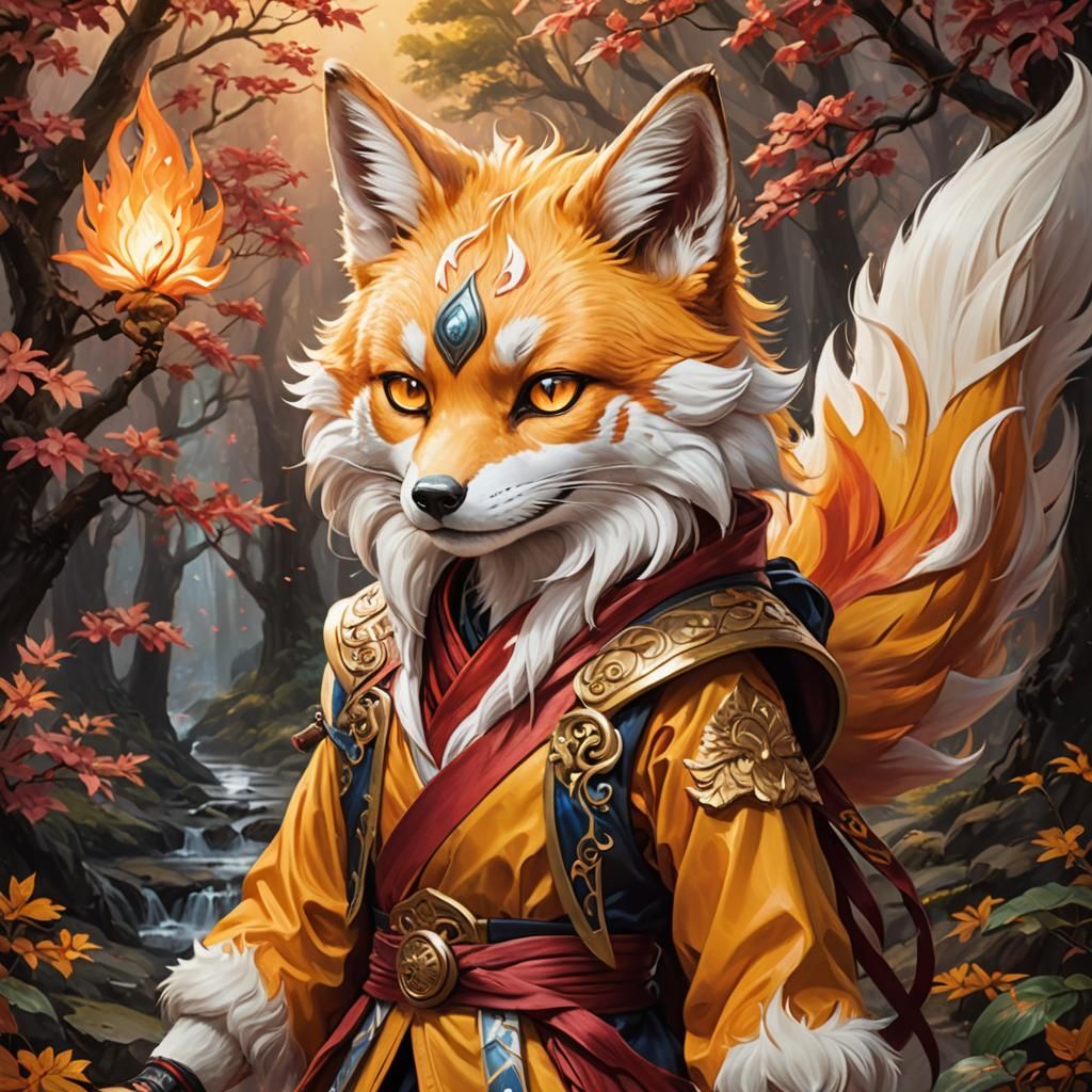 Nine-Tailed Fox Spirit in Realistic Oil Painting