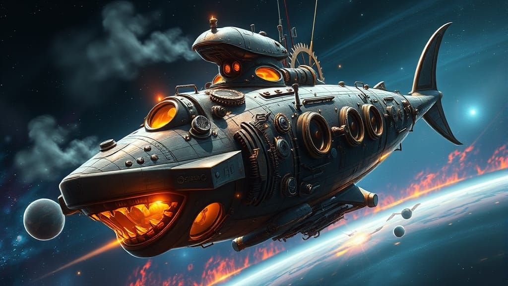 Steampunk Hammerhead Shark Spaceship in Deep Space