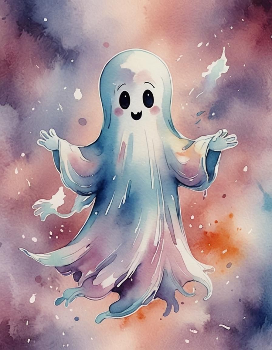Cute Ghost in Watercolor Style for Holiday Card