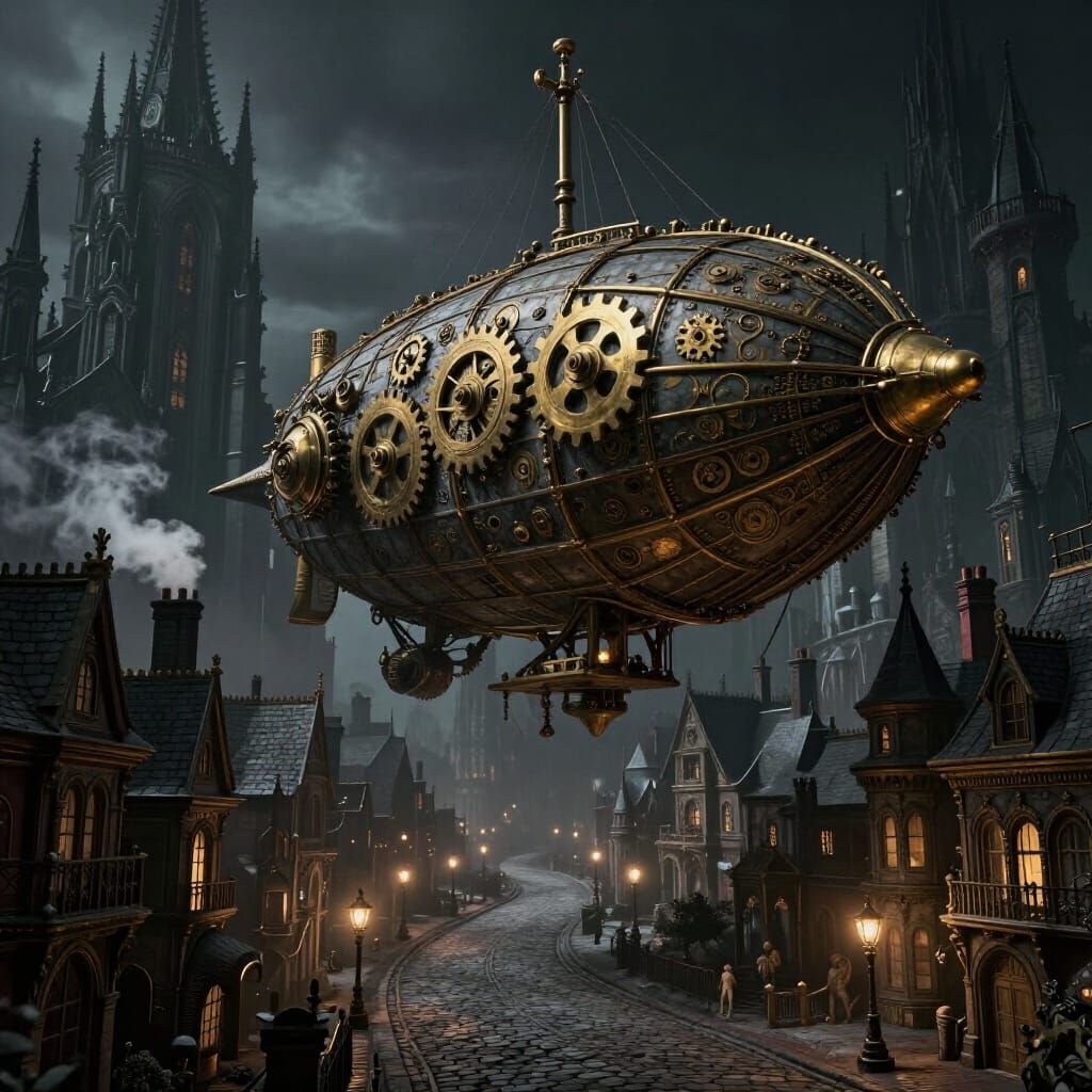 Colossal Steampunk Airship Above Gothic City