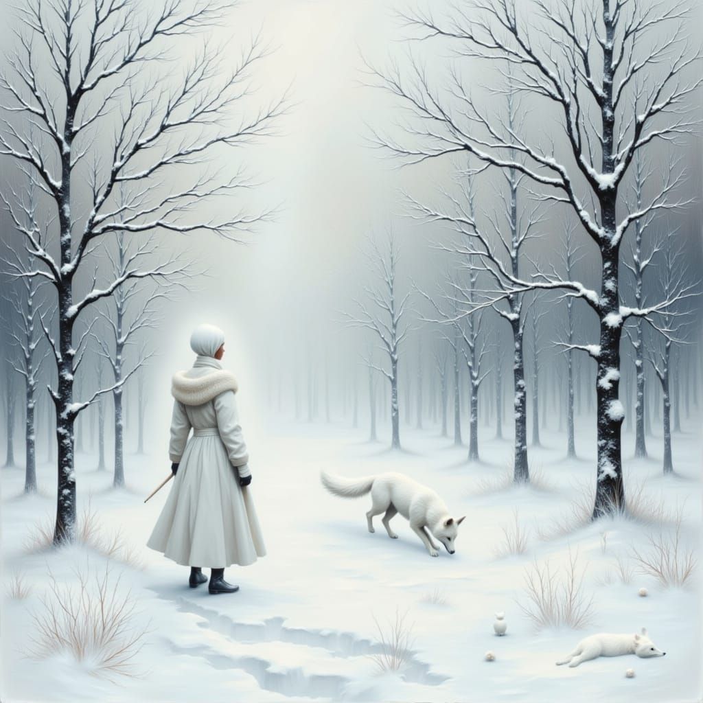 Ethereal White Fox Hunts in Snowy Woodland
