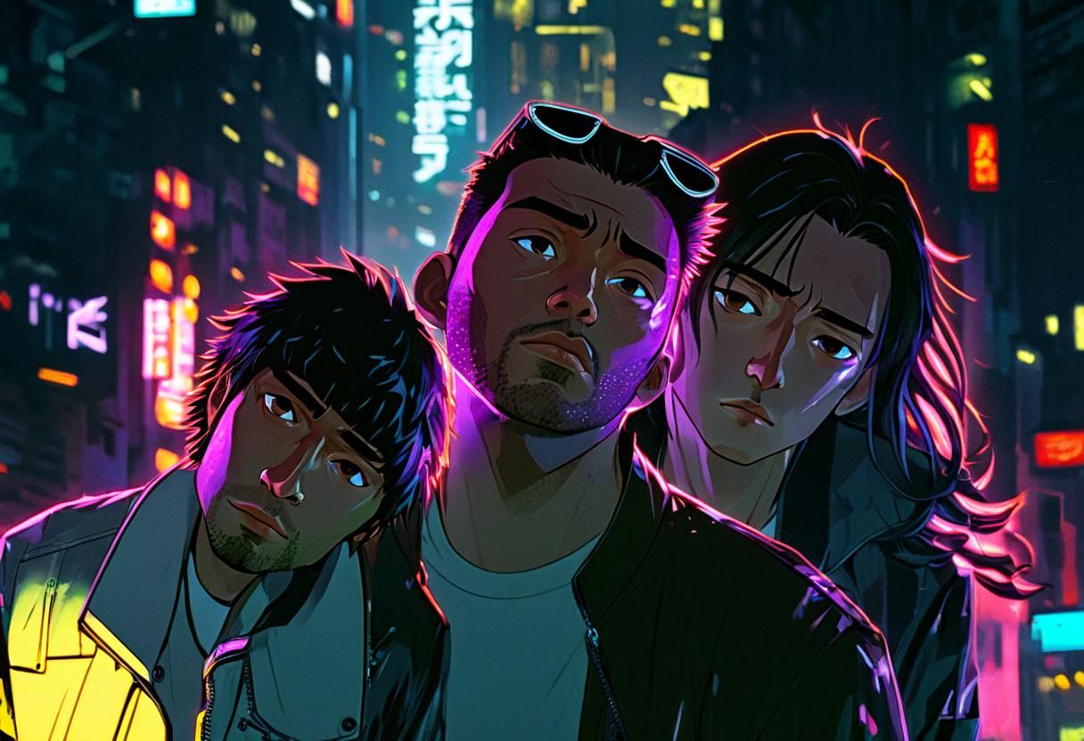 Cyberpunk Men in Neon Cityscape, Manga Style