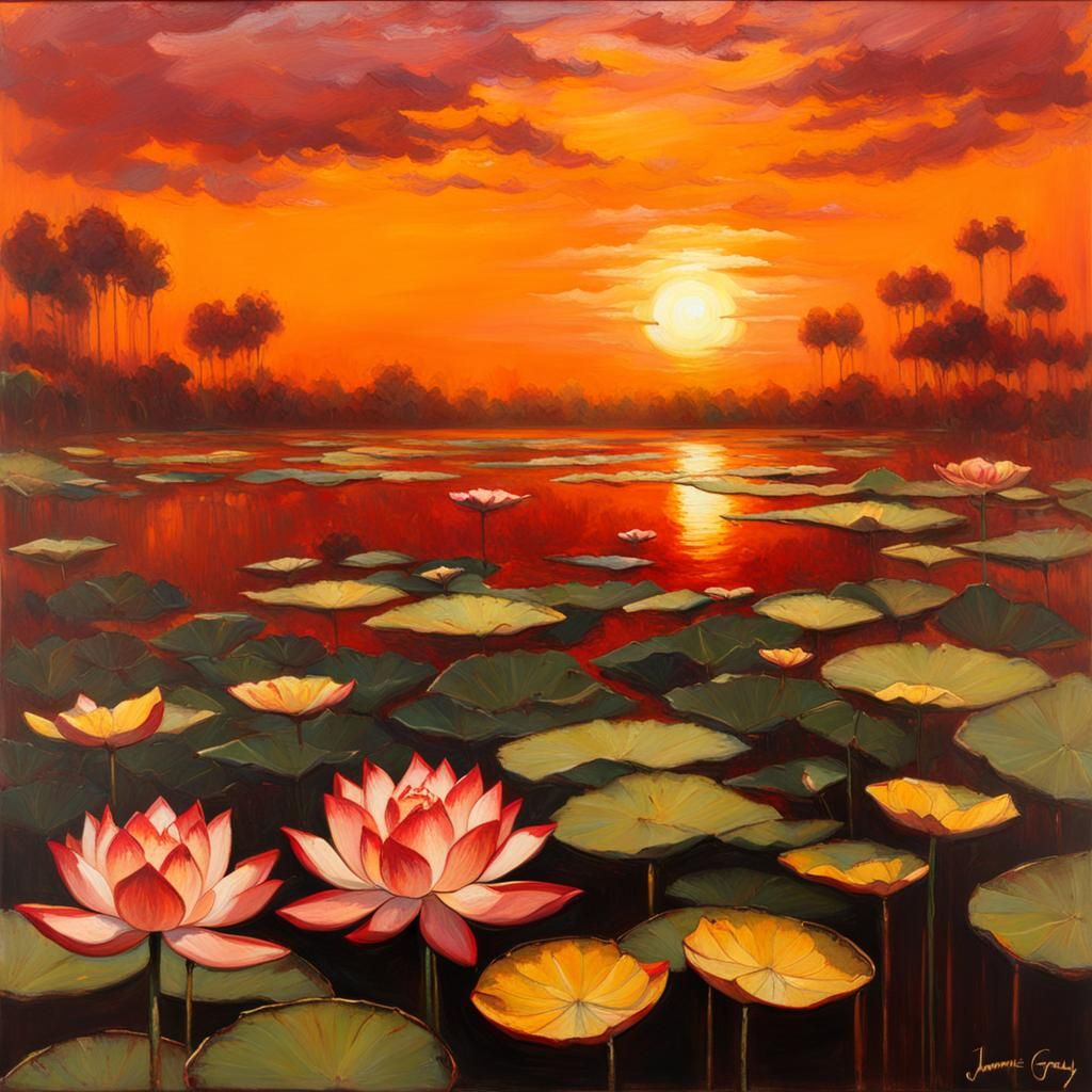 High Gothic Lotus Pond at Sunset Oil Painting