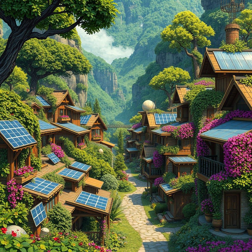 Surreal Solarpunk Oasis in a Verdant Valley
