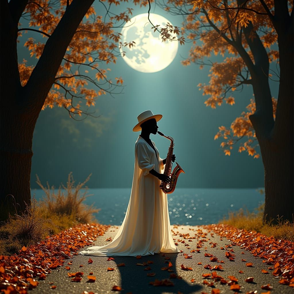 Panther Woman Plays Saxophone in Ethereal Autumn Night