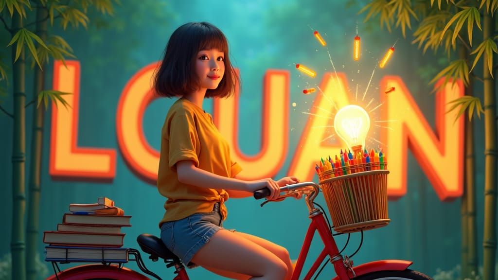 Asian Woman Surrounded by Bamboo, Holding Crayons