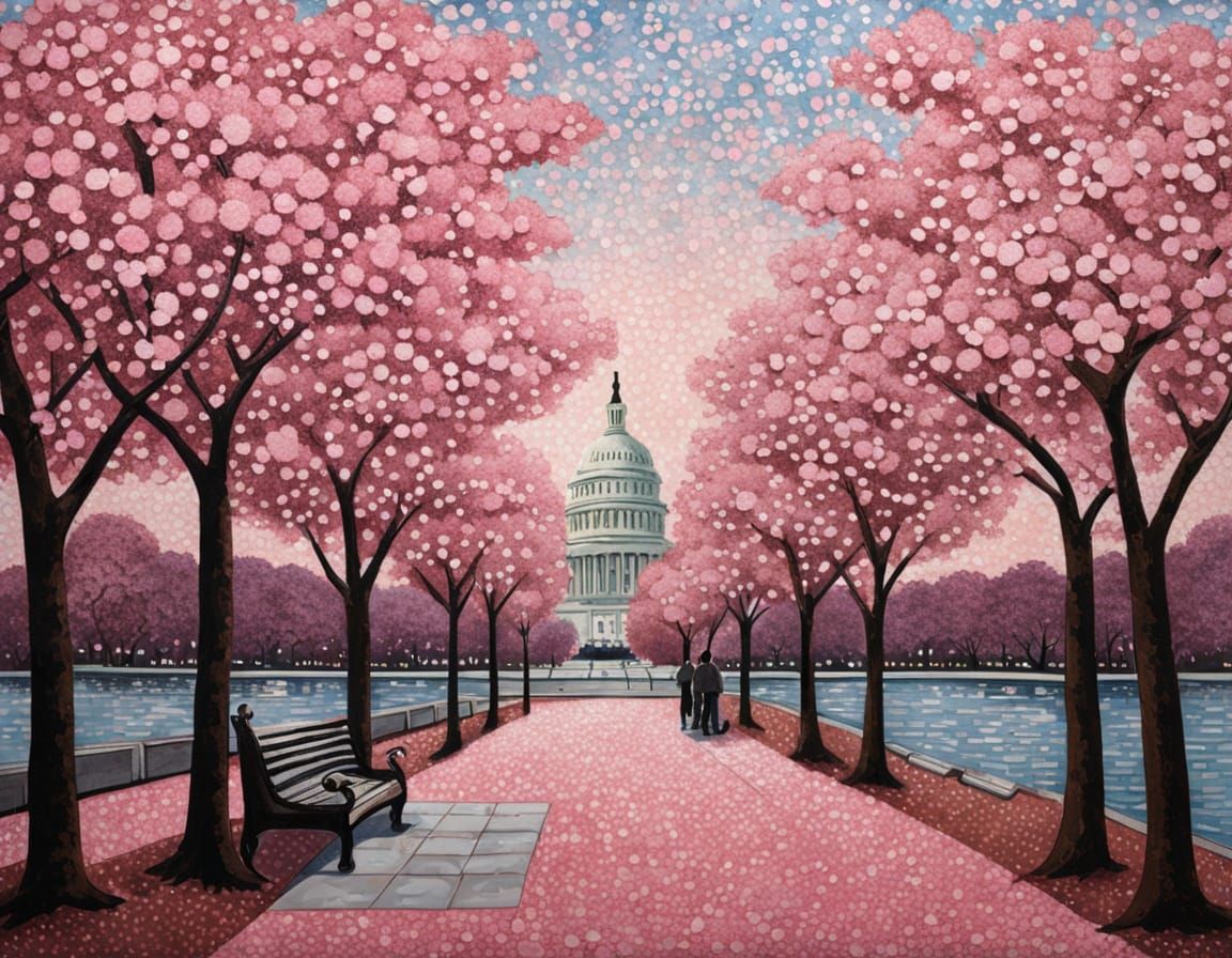 Pink Blossoms in Washington, DC, in Pointillist Style