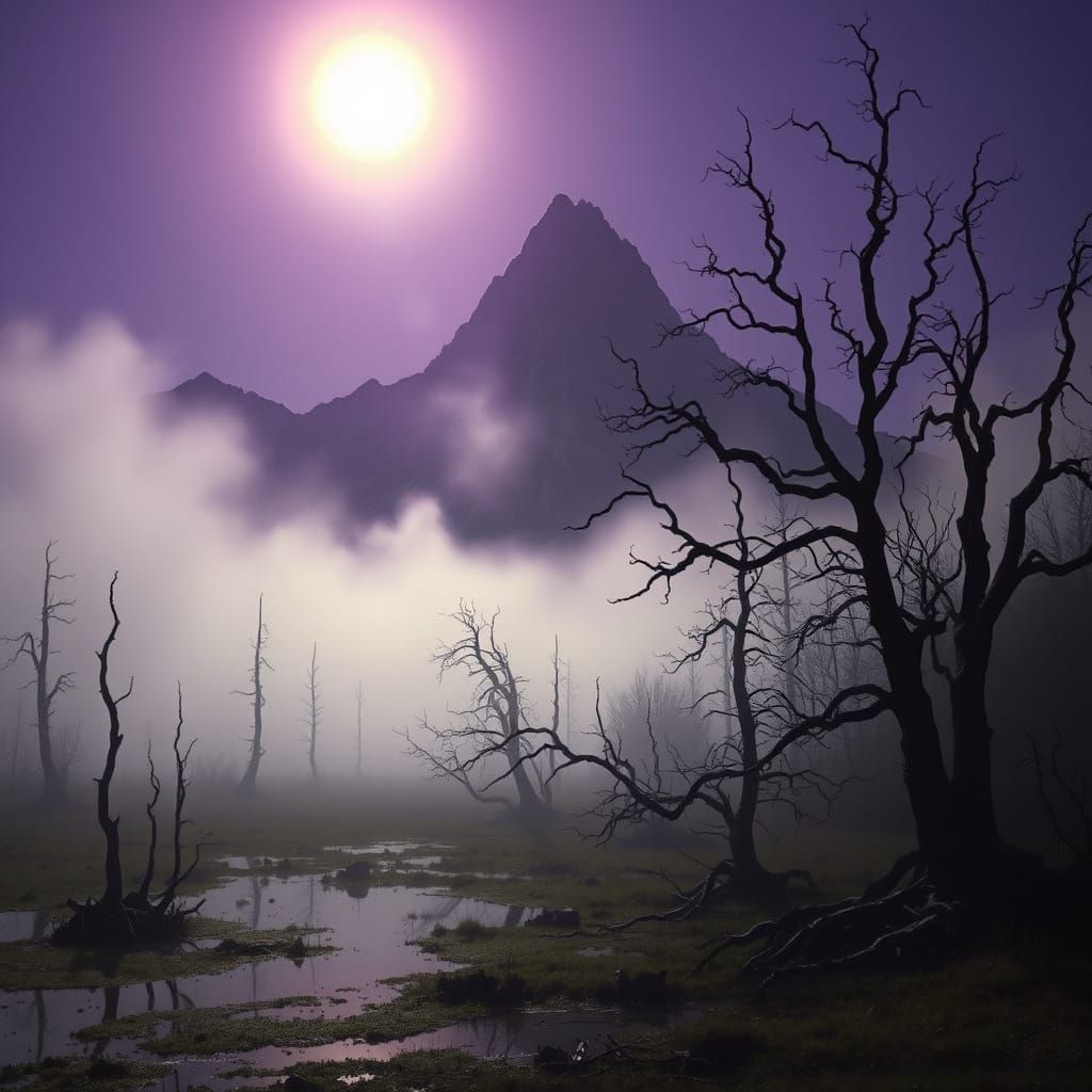 Mist-Shrouded Swamp with Purple Mountains in Dark Surrealism