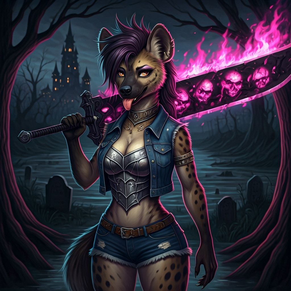She-Hyena Warrior with Flaming Claymore in Gothic Graveyard