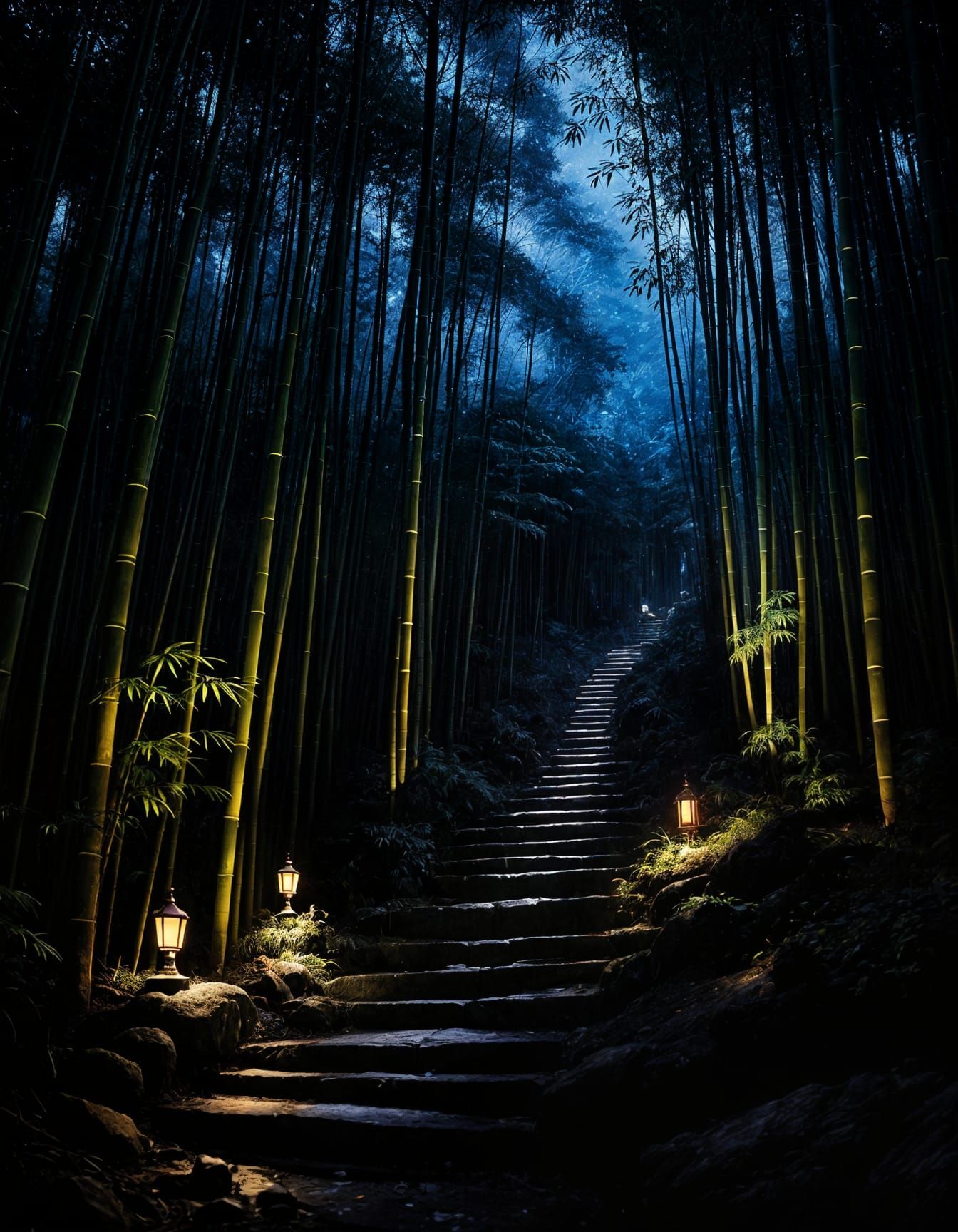 Mysterious Bamboo Forest Path at Night with Blue Wisps