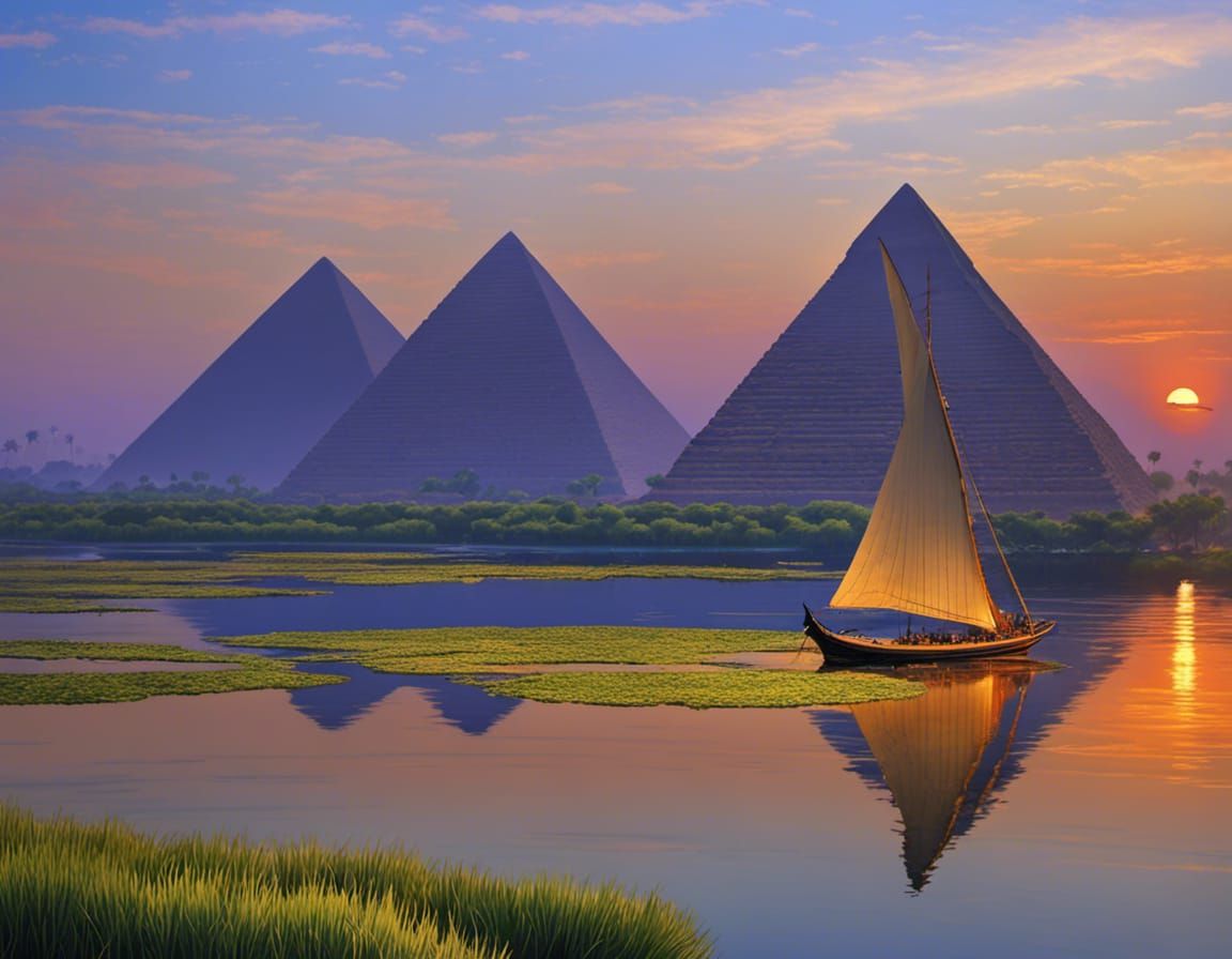 Ancient Egypt beautiful landscape Nile river, felucca wooden...