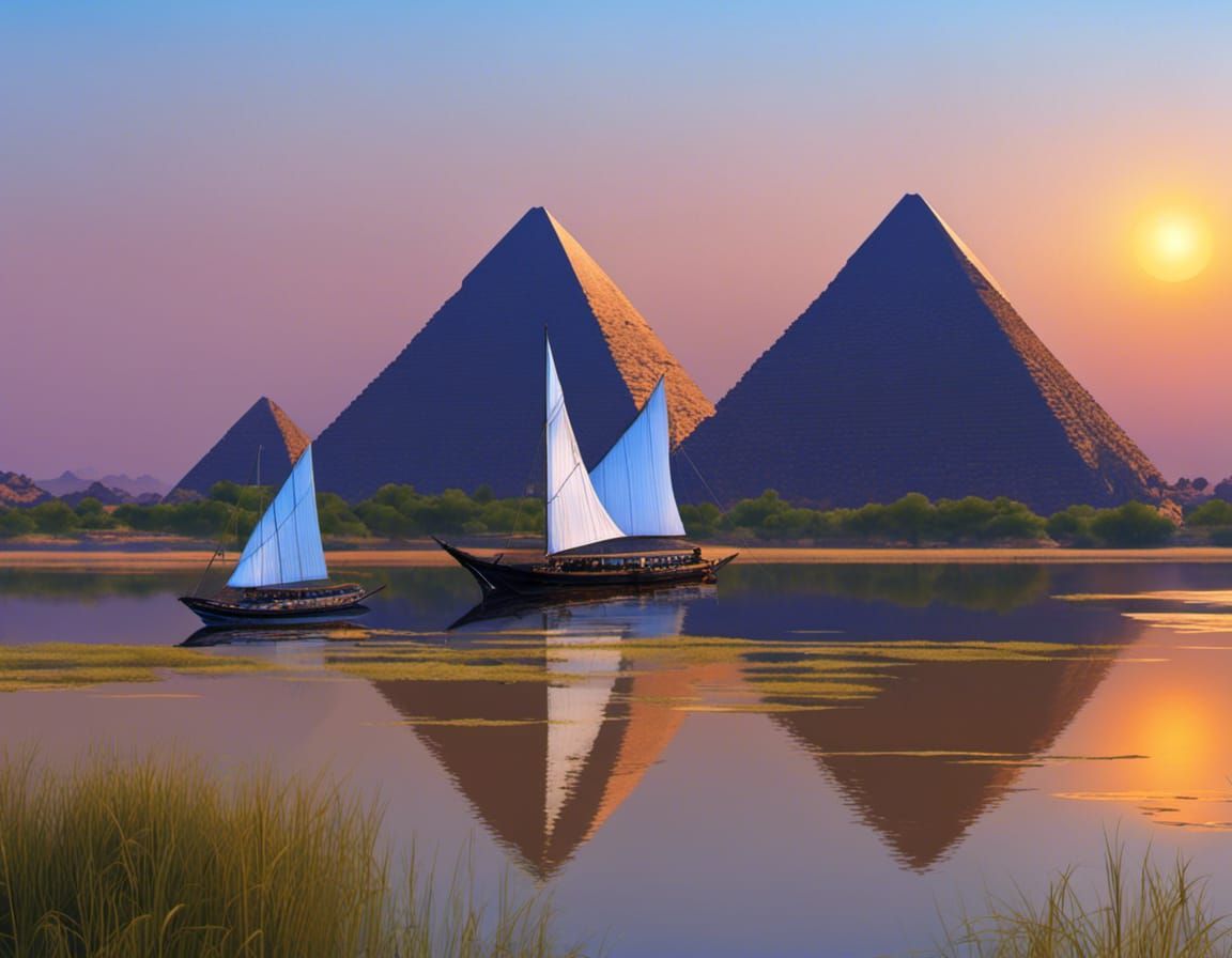 Ancient Egypt beautiful landscape Nile river, felucca wooden...