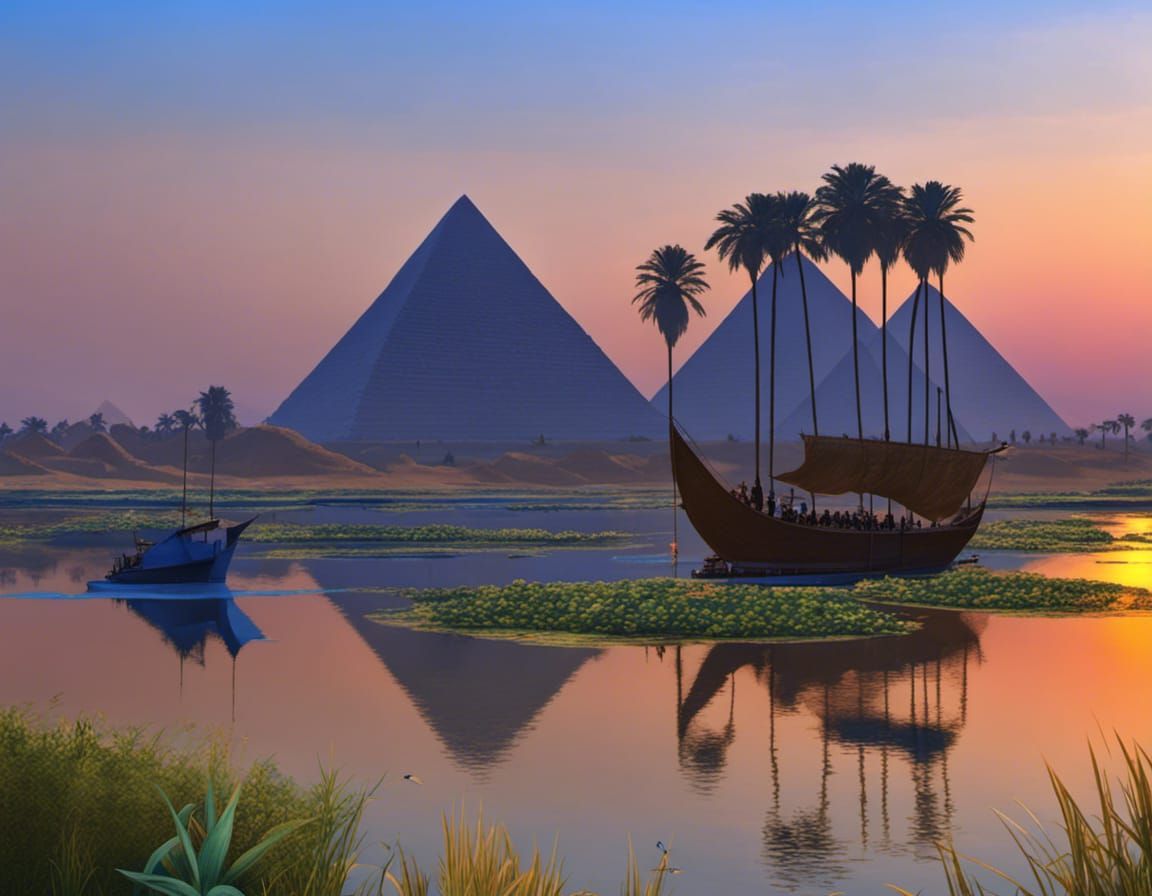 Ancient Egypt beautiful landscape Nile river, felucca wooden...
