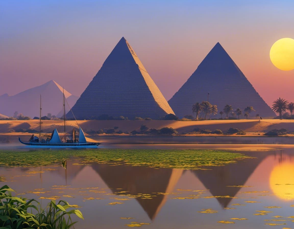 Ancient Egypt beautiful landscape Nile river, felucca wooden...