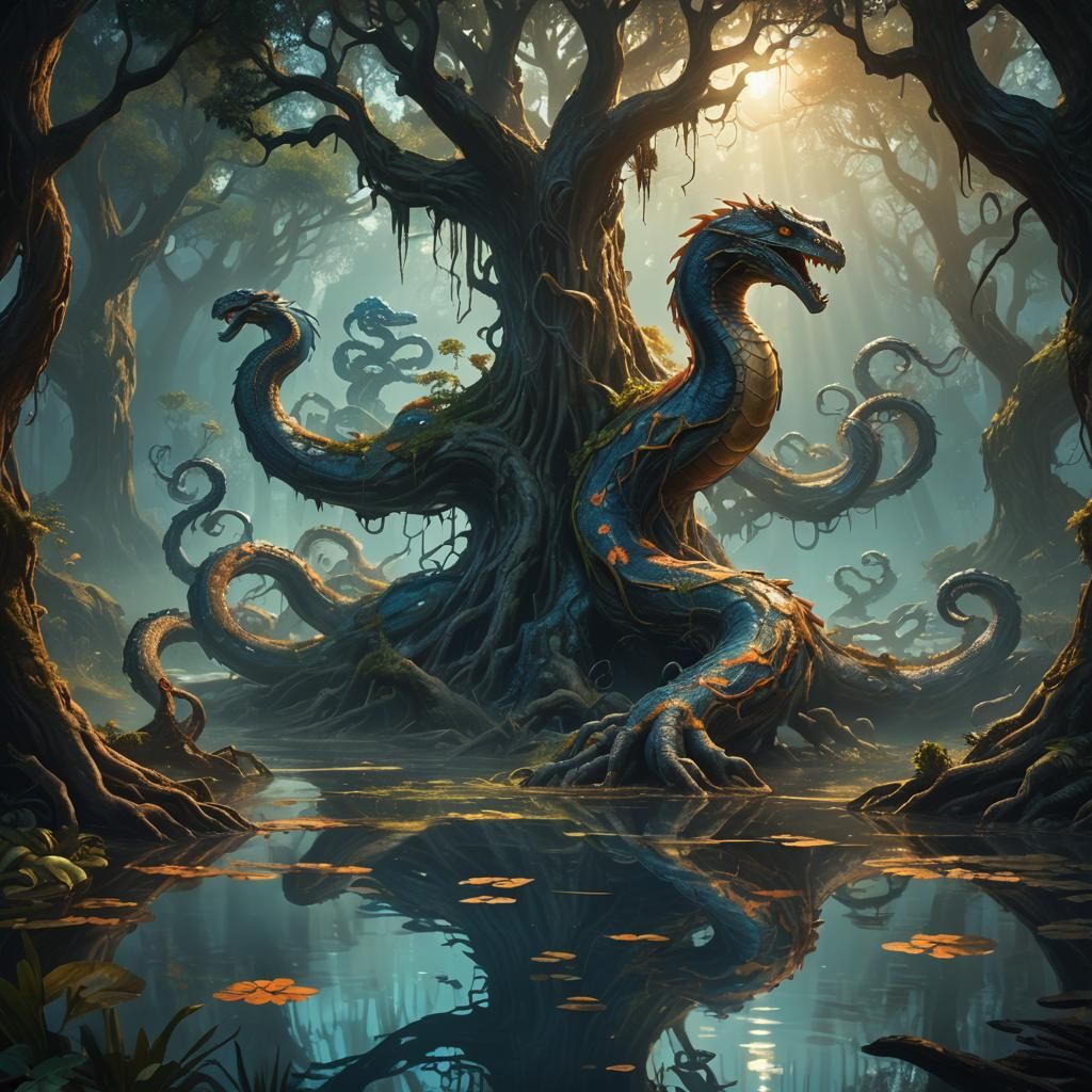 Mystical Hydra Emerges from Swamp: Art Nouveau Style