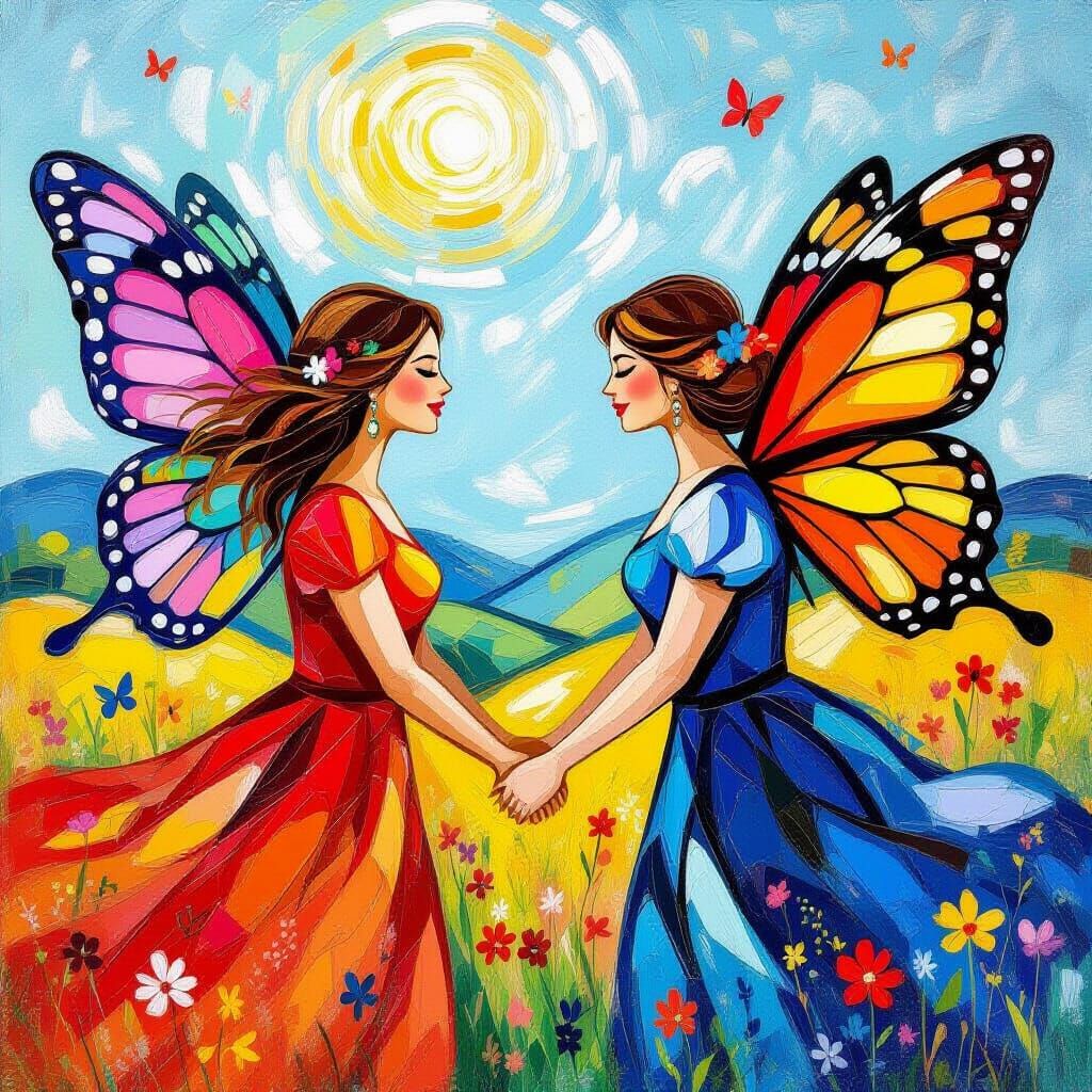 Women Fly with Butterfly Wings in Van Gogh Style