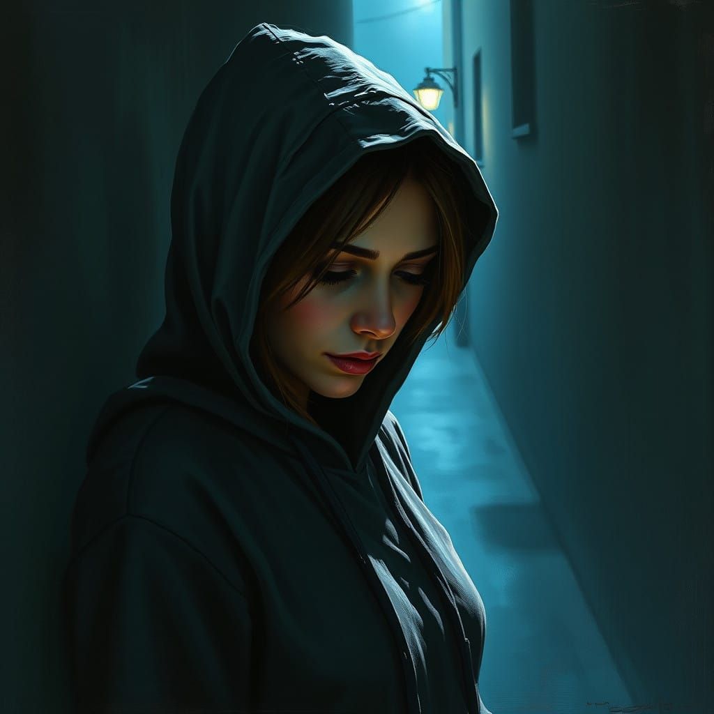 Mysterious Woman Lost in Dark Alleyway Shadows