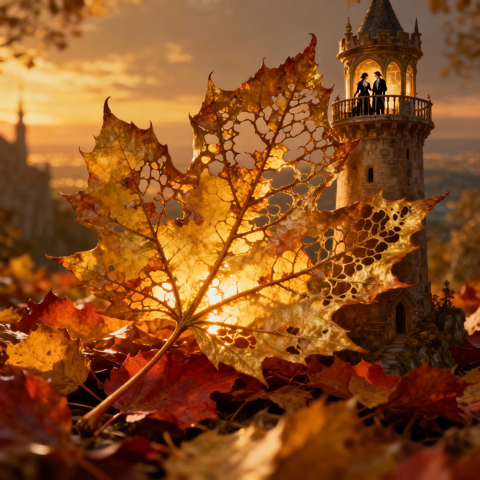 Golden Fall Maple Leaf Becomes Medieval Watchtower