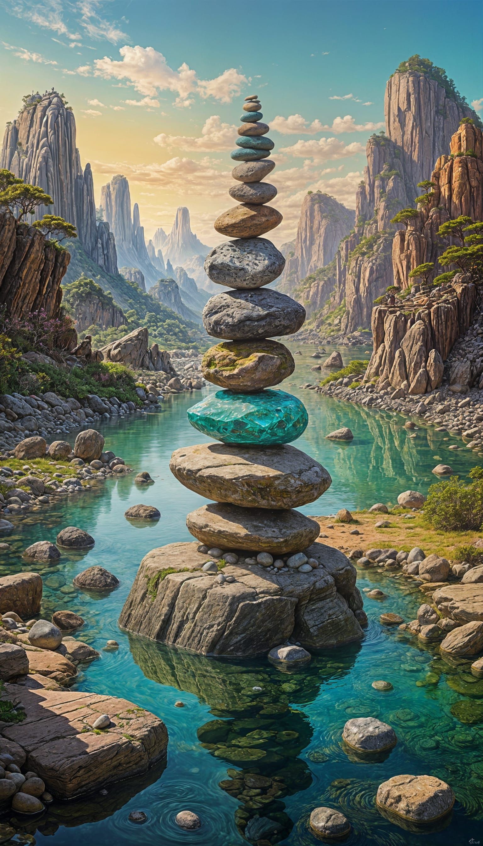 Surreal Digital Painting of Harmonious Rock Balancing